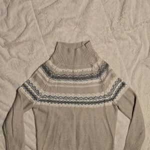 Beige and Gray Striped Turtleneck Sweater